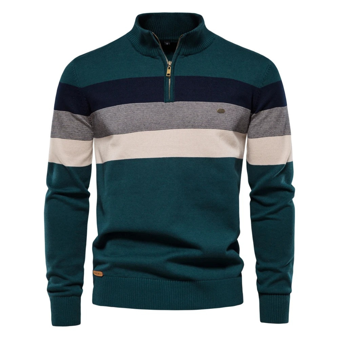 Striped knitted pullover with zip and stand-up collar