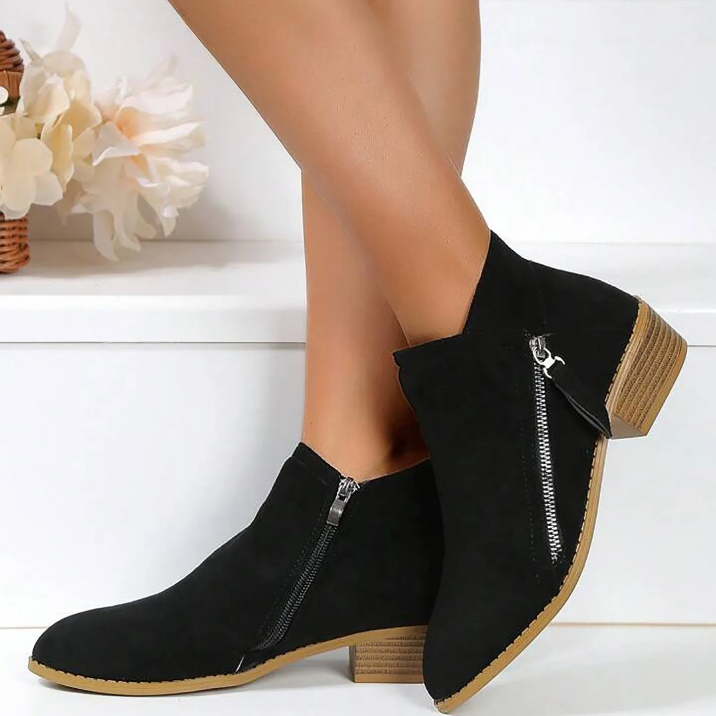 Women's Suede Ankle Boots with Zipper and Low Heel