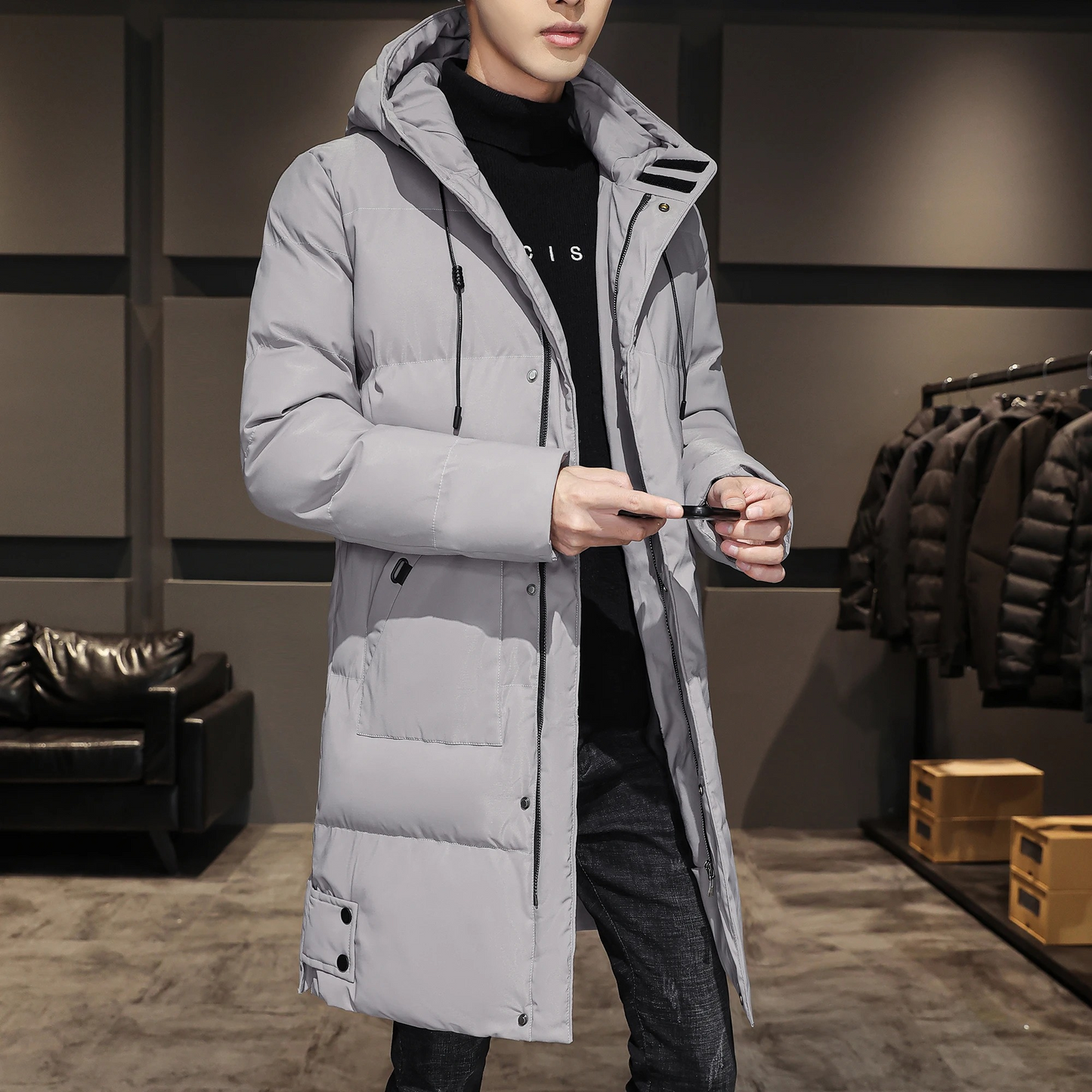 Puffer jacket men long with hood and practical pockets