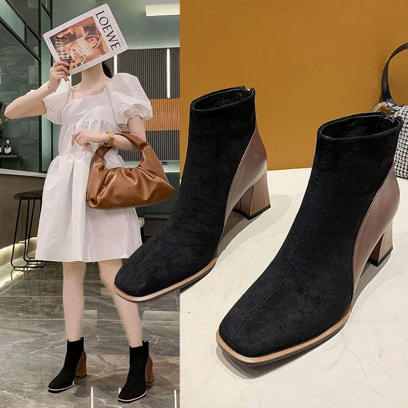 Women's Ankle Boots with Block Heels and Zipper at Side - Women's Ankle Boots