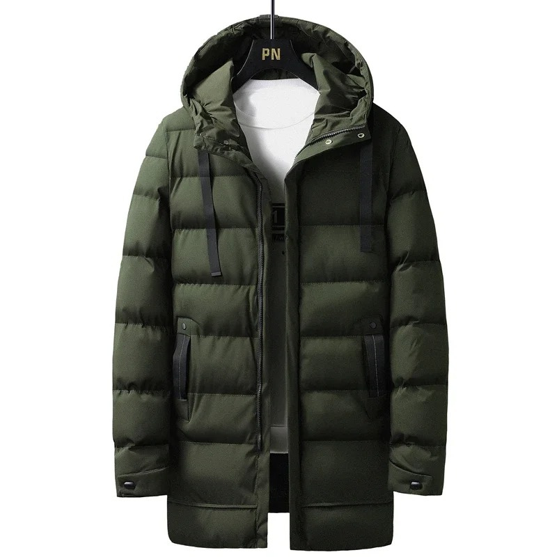 Puffer jacket men long with hood and several pockets