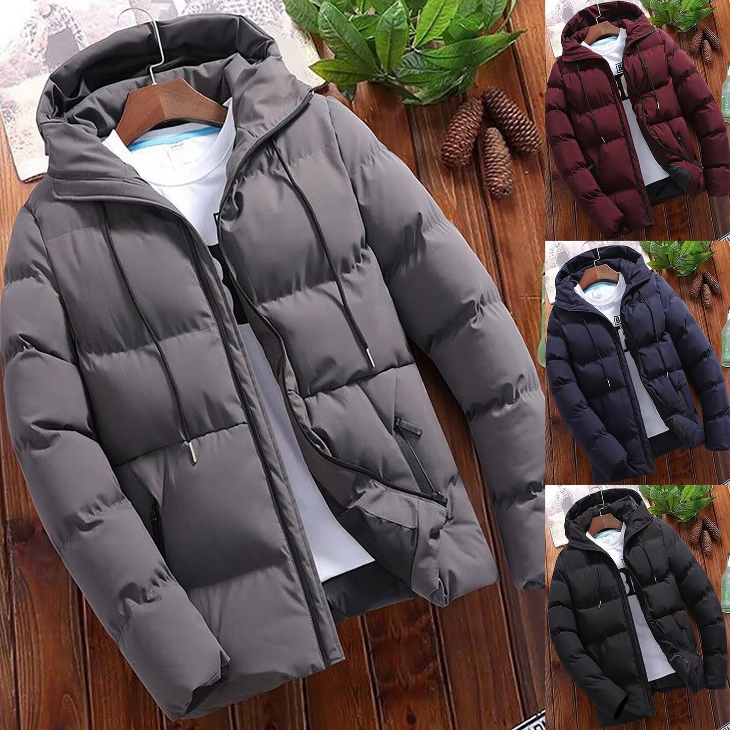 Puffer jacket with hood and zip front