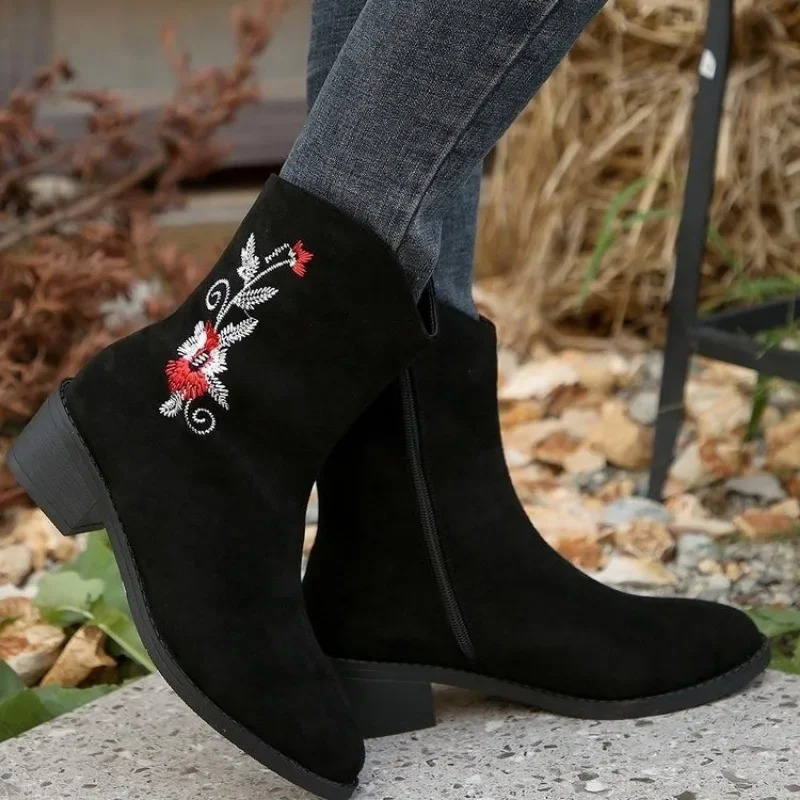 Women's Ankle Boots with Floral Embroidery and Zipper - Women's Ankle Boots