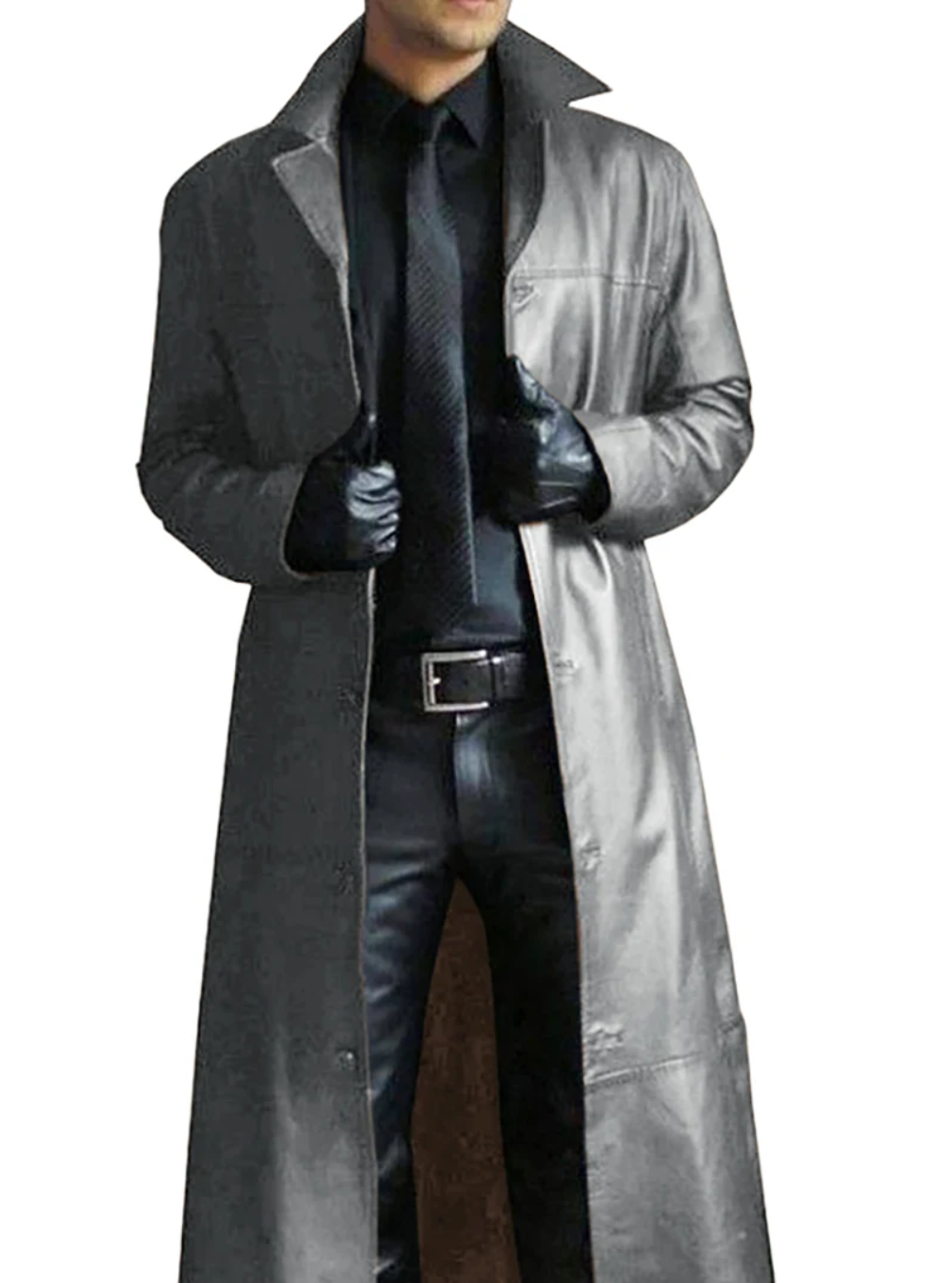 Long leather coat with classic lapels