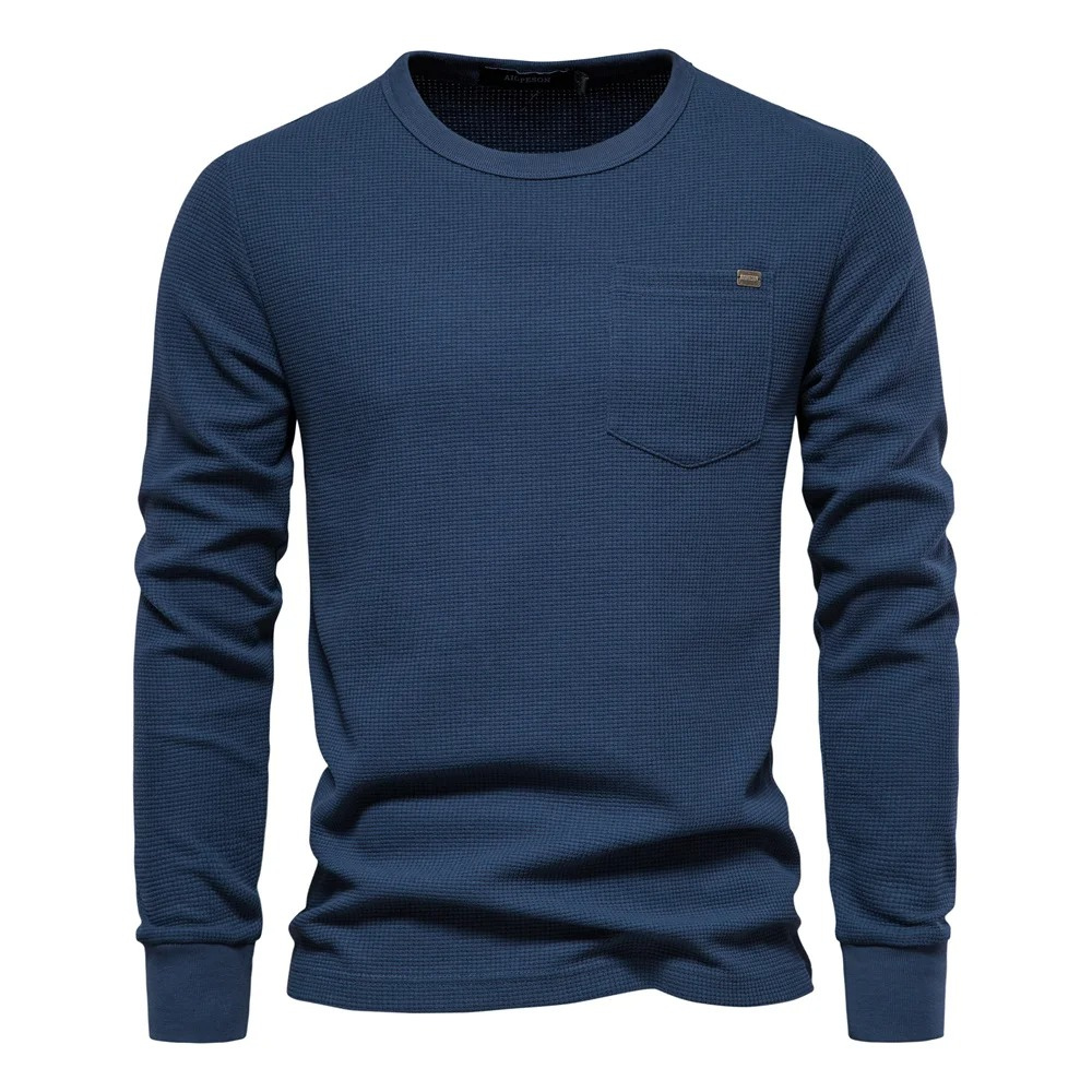 Men's jumper in waffle knit, long sleeve round neck with breast pocket