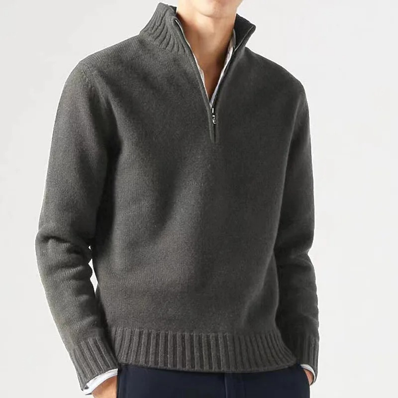 Warm knitted pullover with zip and stand-up collar