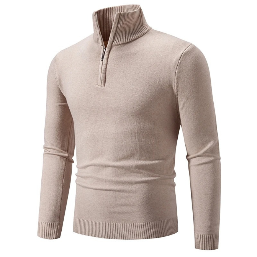 Comfortable knitted pullover with high collar and zip fastening