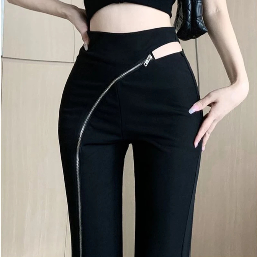 Women's Flared Trousers with Asymmetric Zip and High Waist