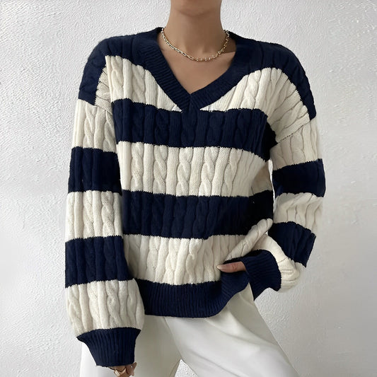 Women's Jumper - V-Neck Striped Long Sleeve - Comfortable and Stylish Knitwear