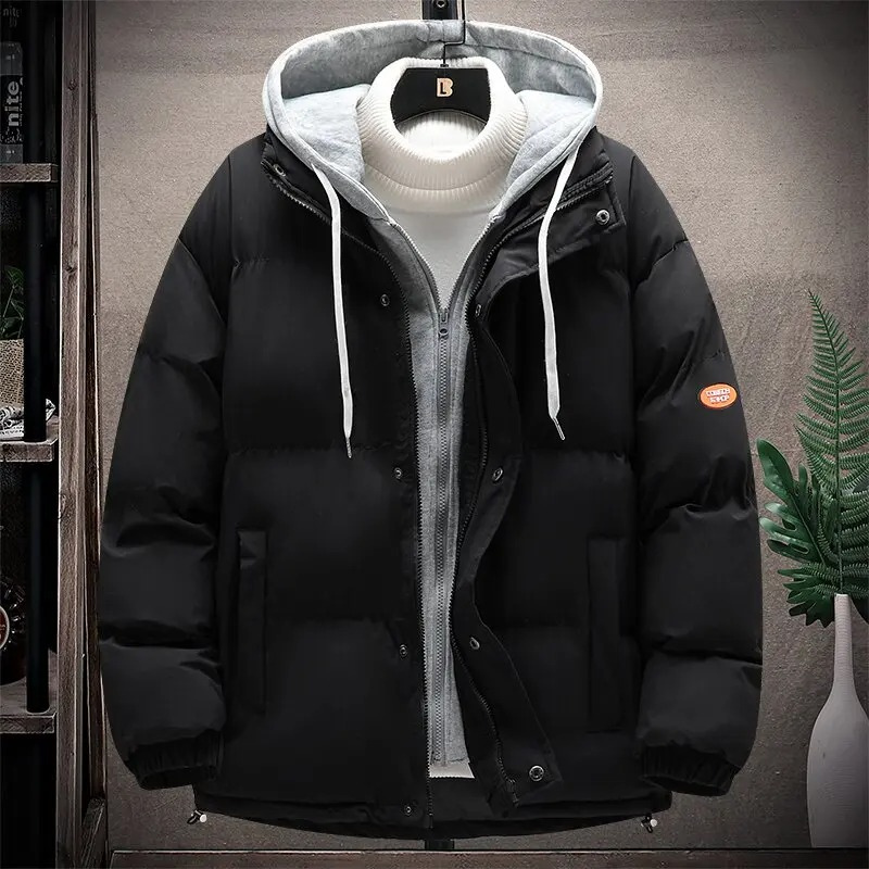 Men's puffer jacket with hood and fleece lining