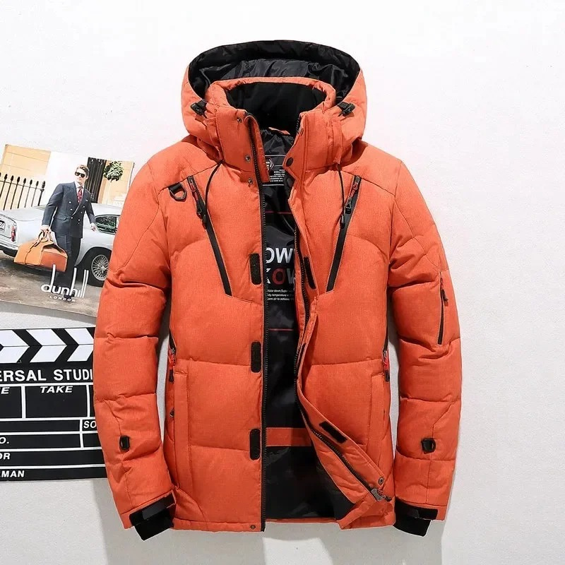 Men's puffer jacket with hood and multiple pockets