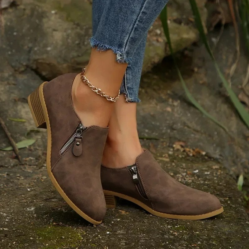 Casual Ankle Boots with Low Heel and Zip