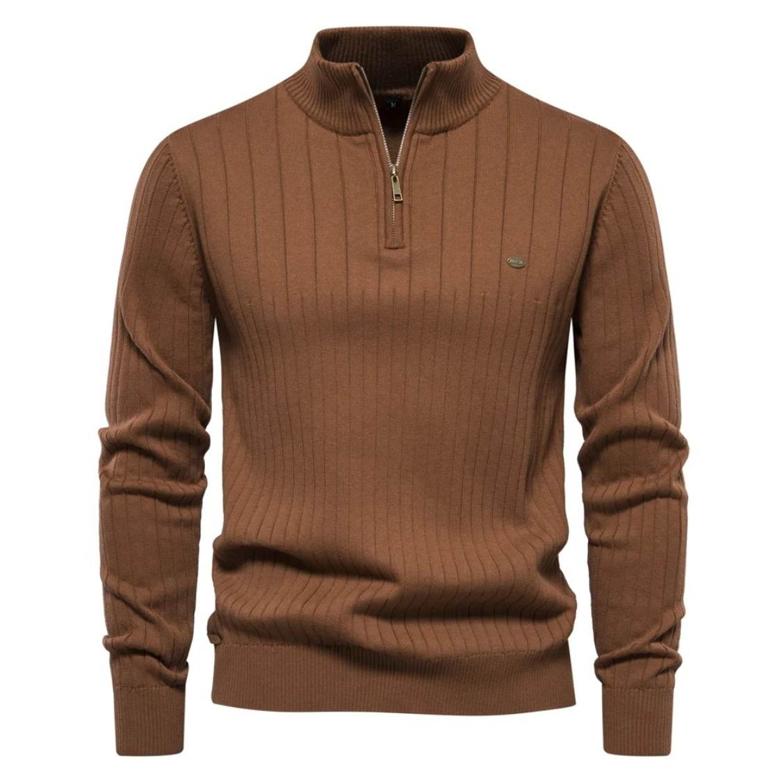 Ribbed knitted pullover with zip and stand-up collar