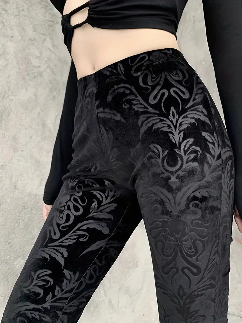 Women - High-Waisted Trousers - Gothic Floral Pattern - Stylish and Unique Design