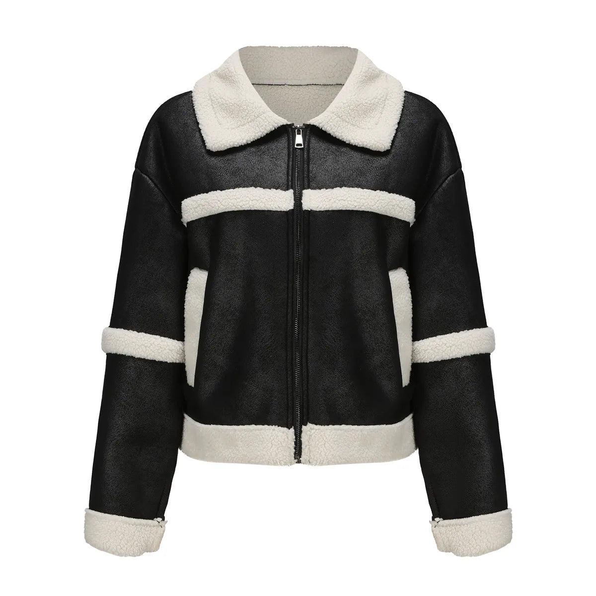 Women - Fleece Leather Jacket - Stylish & Warm - Ideal for Cold Weather Fashion