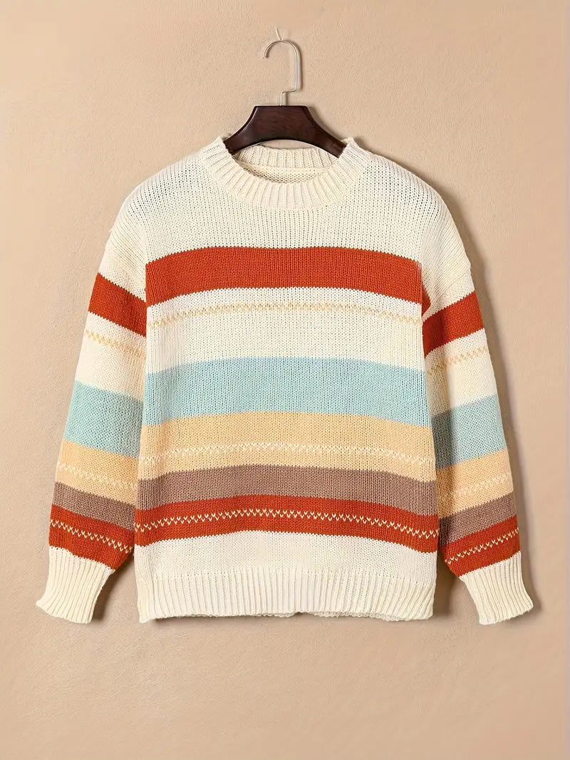 Knitted, striped jumper with round neckline