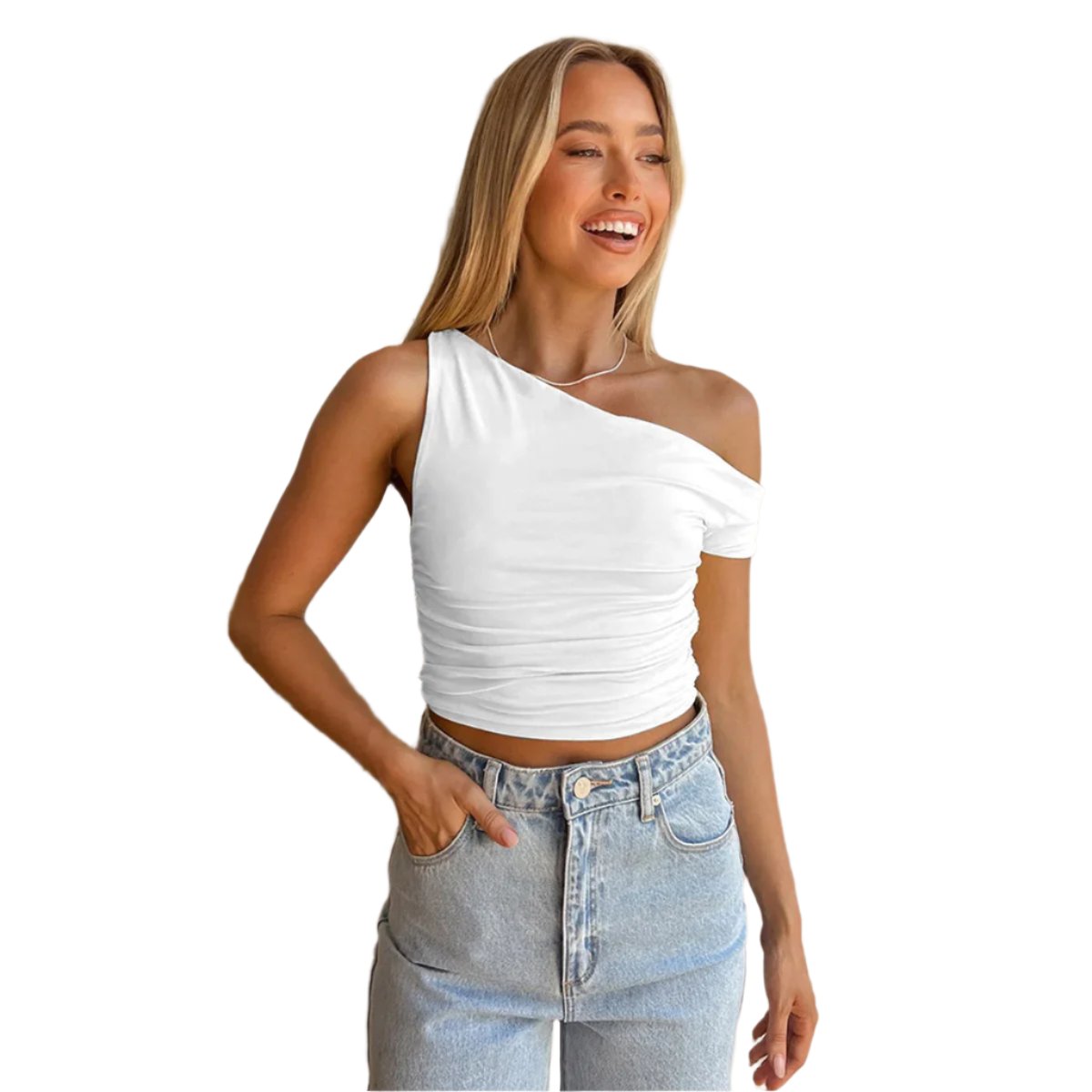 Asymmetric crop top with off-the-shoulder design