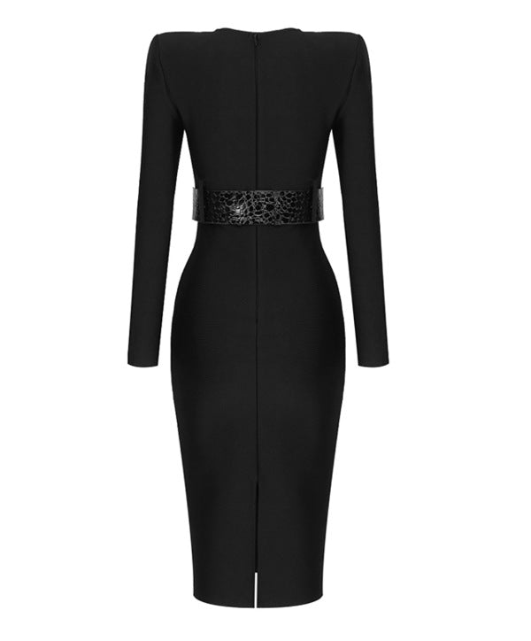 Elegant high belt long sleeve bandage one-piece suit