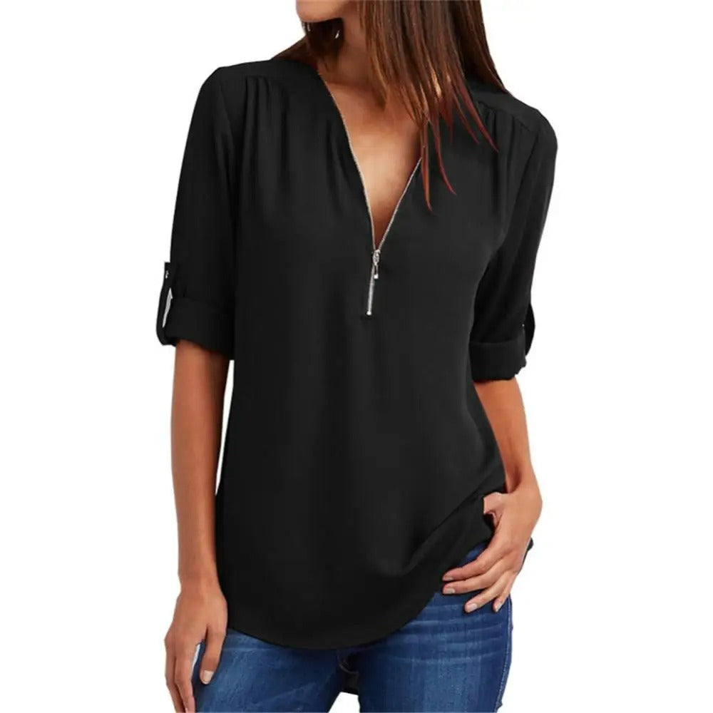 V-neck with half zip Warm loose blouse for women