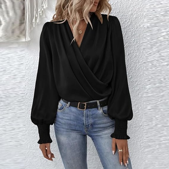 Elegant blouse top with V-neck and balloon sleeves