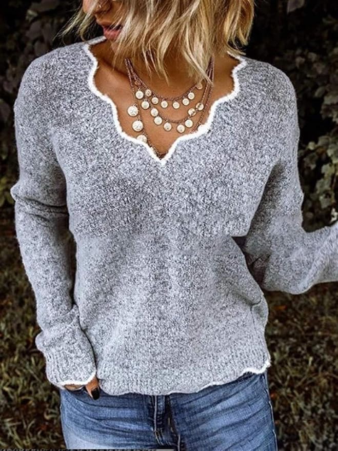 Women - Knitted Jumper - Long Sleeve, V-Neck - Comfortable & Stylish for Any Occasion