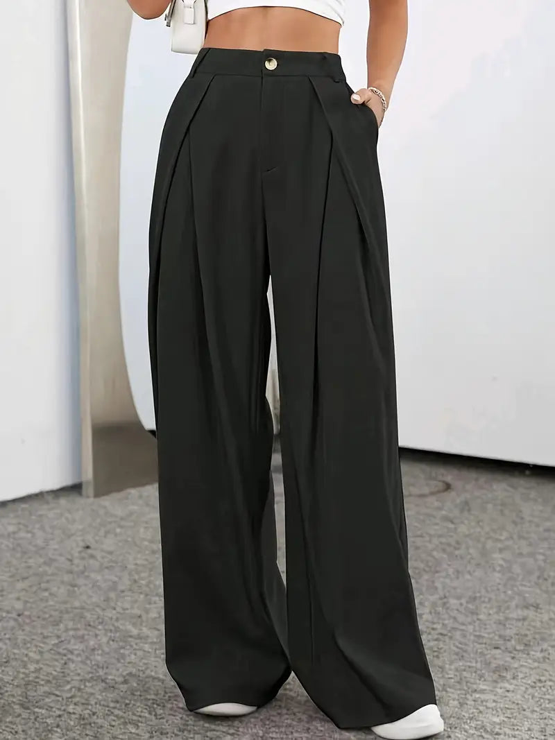 Women - Pleated High-Waisted Trousers - Plain Coloured - Stylish and Comfortable Fashion Essential