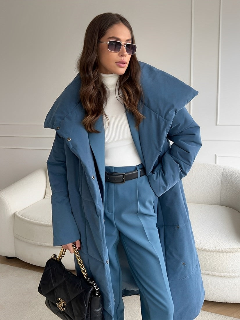 Women - Long Winter Coat - Warm Fabric with Waist Belt - Stylish Outerwear for Cold Weather