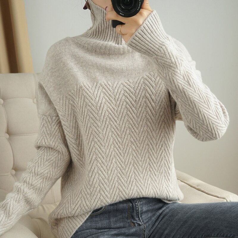 Long-sleeved Chevron Sweater with High Neckline