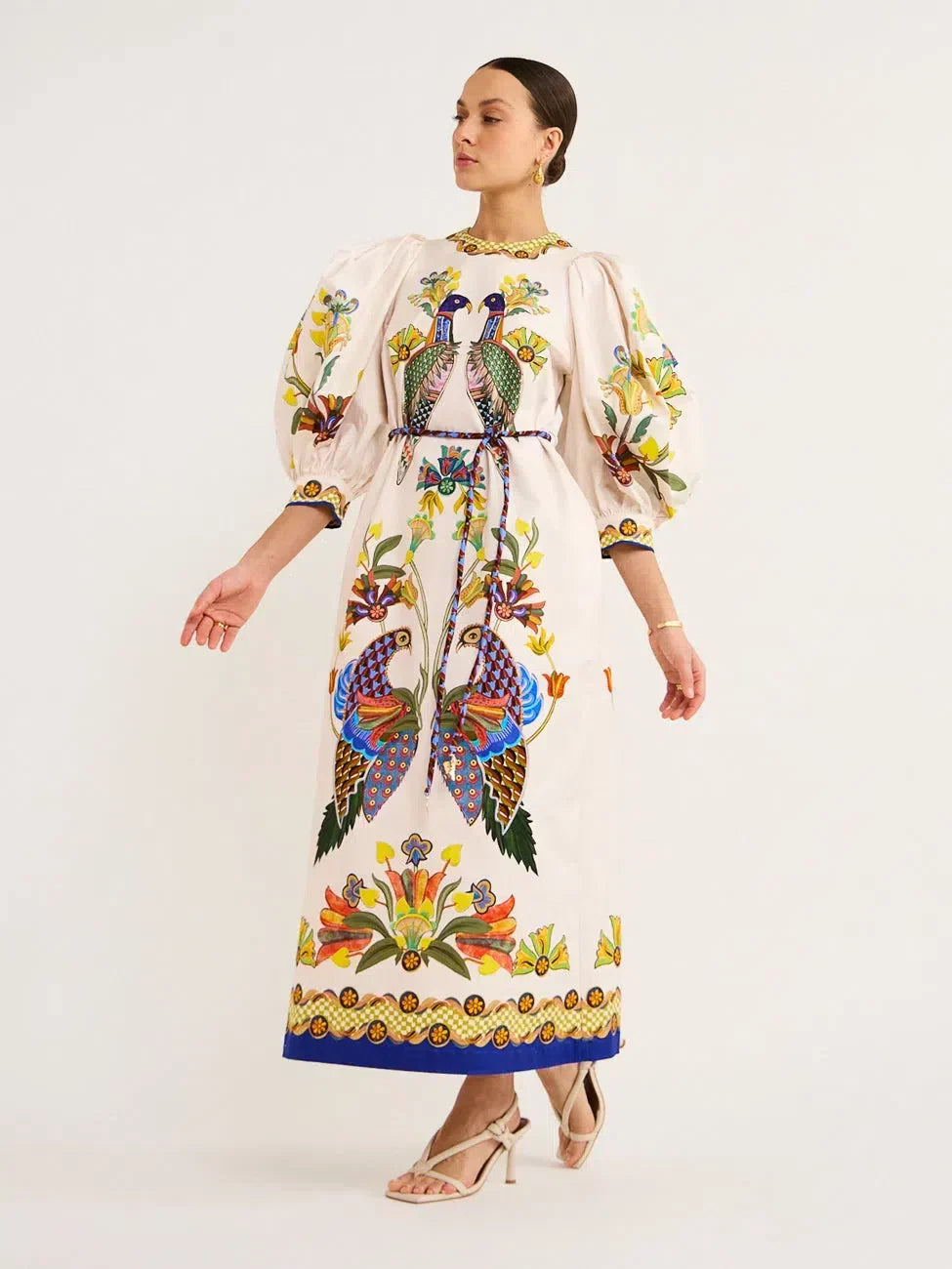 Women's airy bird print midi dress with puff sleeves