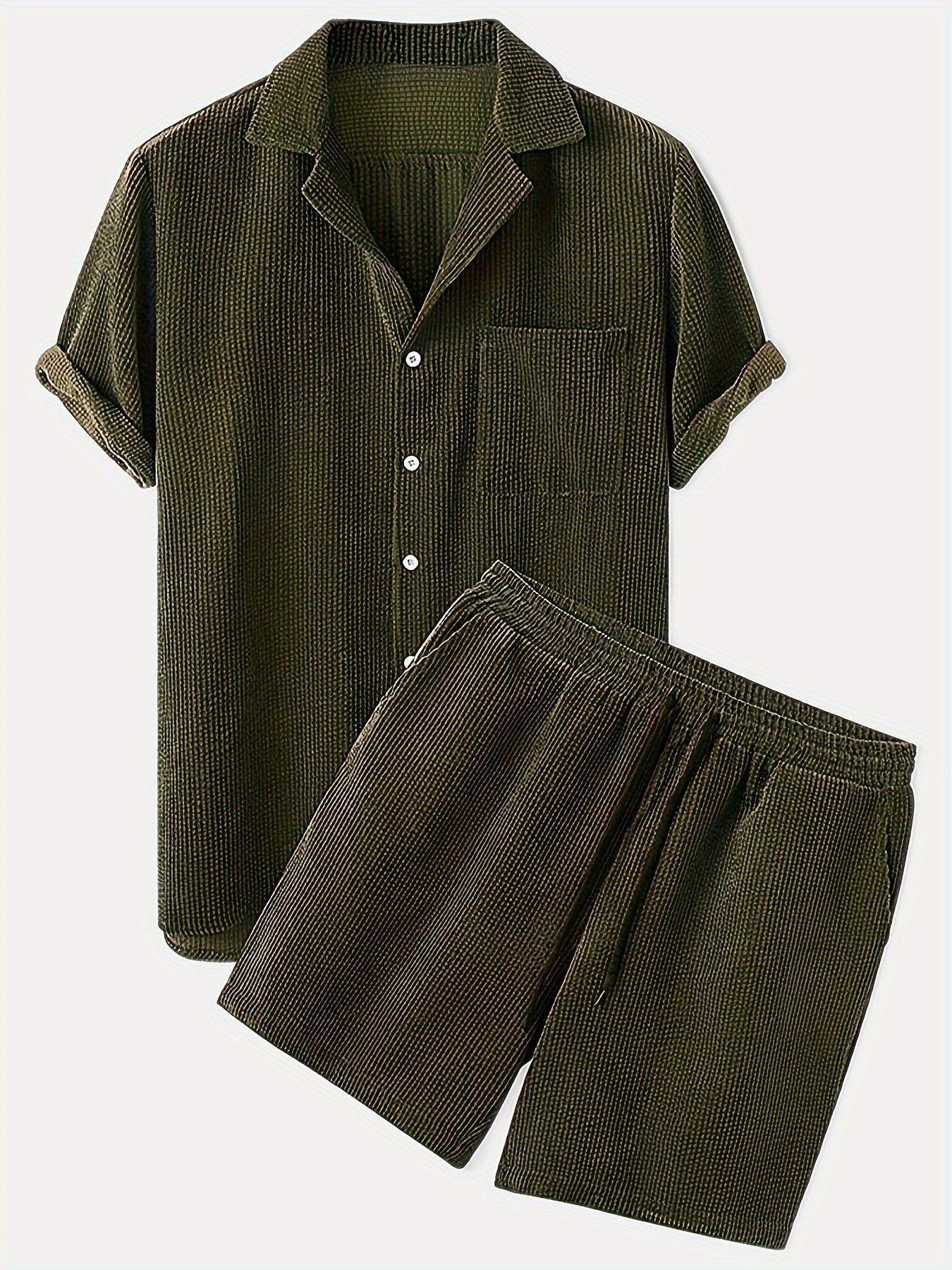 Short Sleeve Shirt - Casual - Corduroy, Light Stretch, Solid Colour - Perfect for Spring and Summer