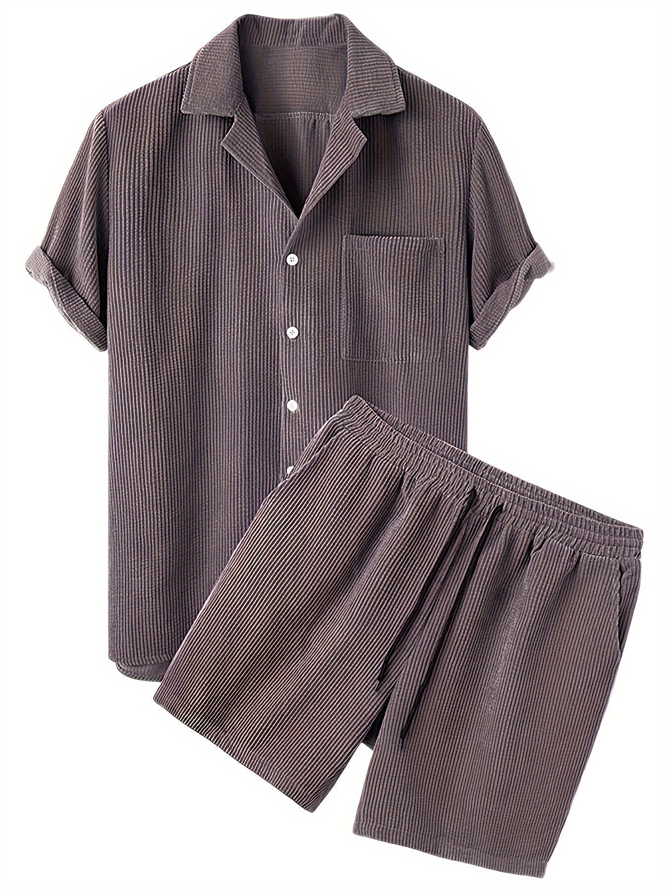 Short Sleeve Shirt - Casual - Corduroy, Light Stretch, Solid Colour - Perfect for Spring and Summer