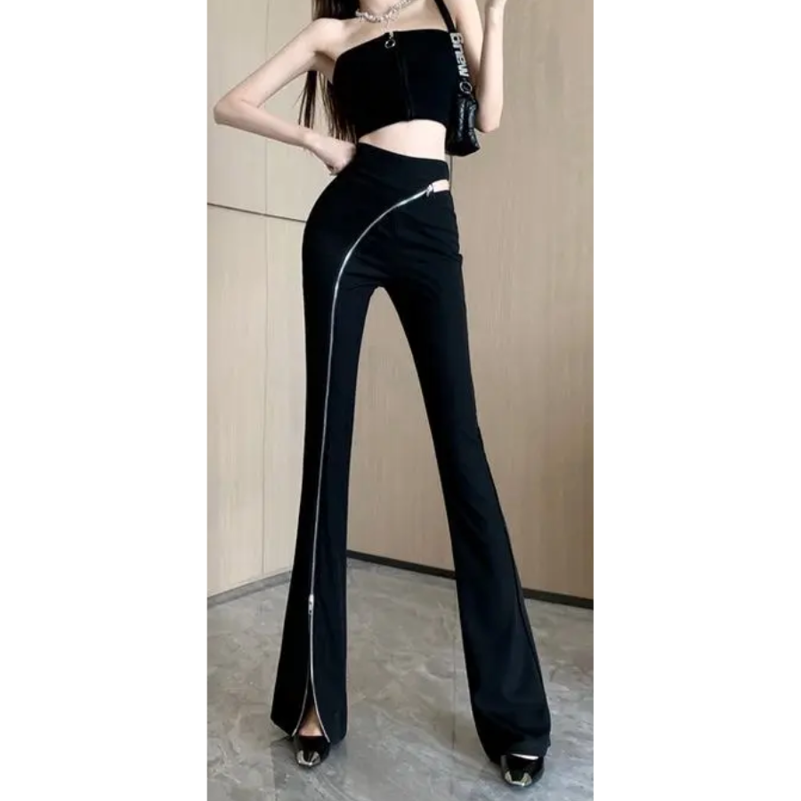 Women's Flared Trousers with Asymmetric Zip and High Waist