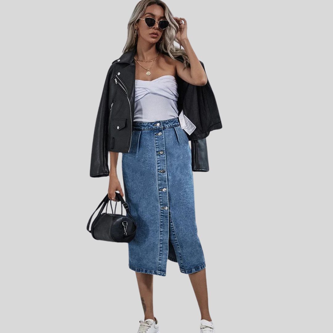 Chic denim midi skirt with button placket