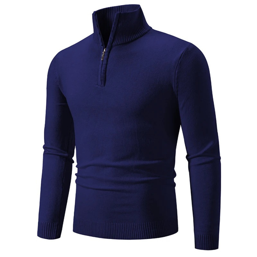 Comfortable knitted pullover with high collar and zip fastening