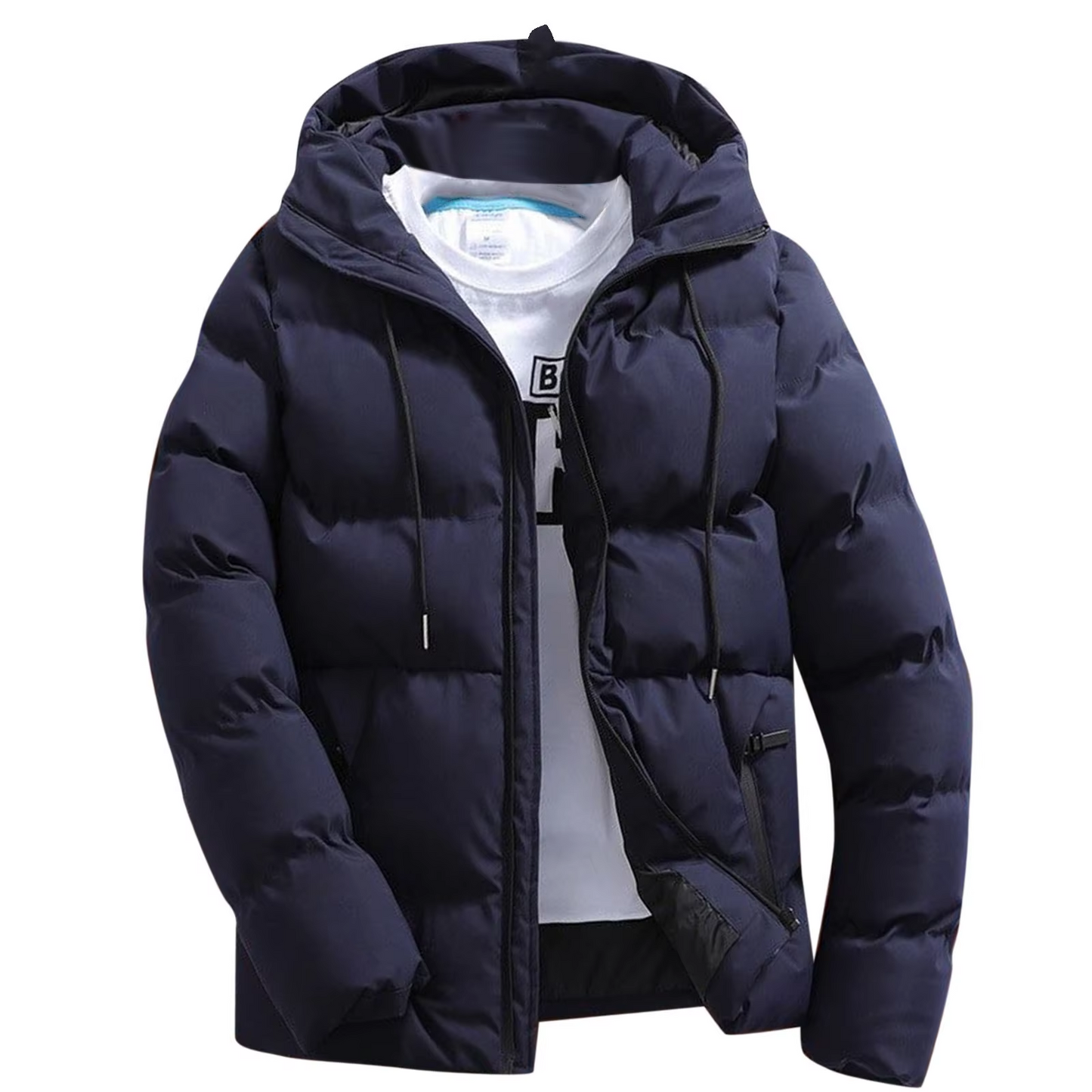 Puffer jacket with hood and zip front