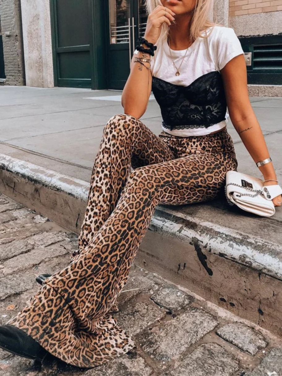 Women's leopard print flared trousers with high waist