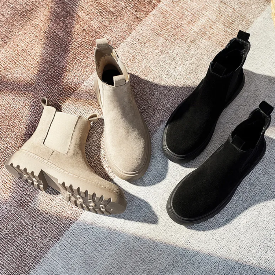 Women's Suede Chelsea Boots with Draw Loops and Rugged Sole