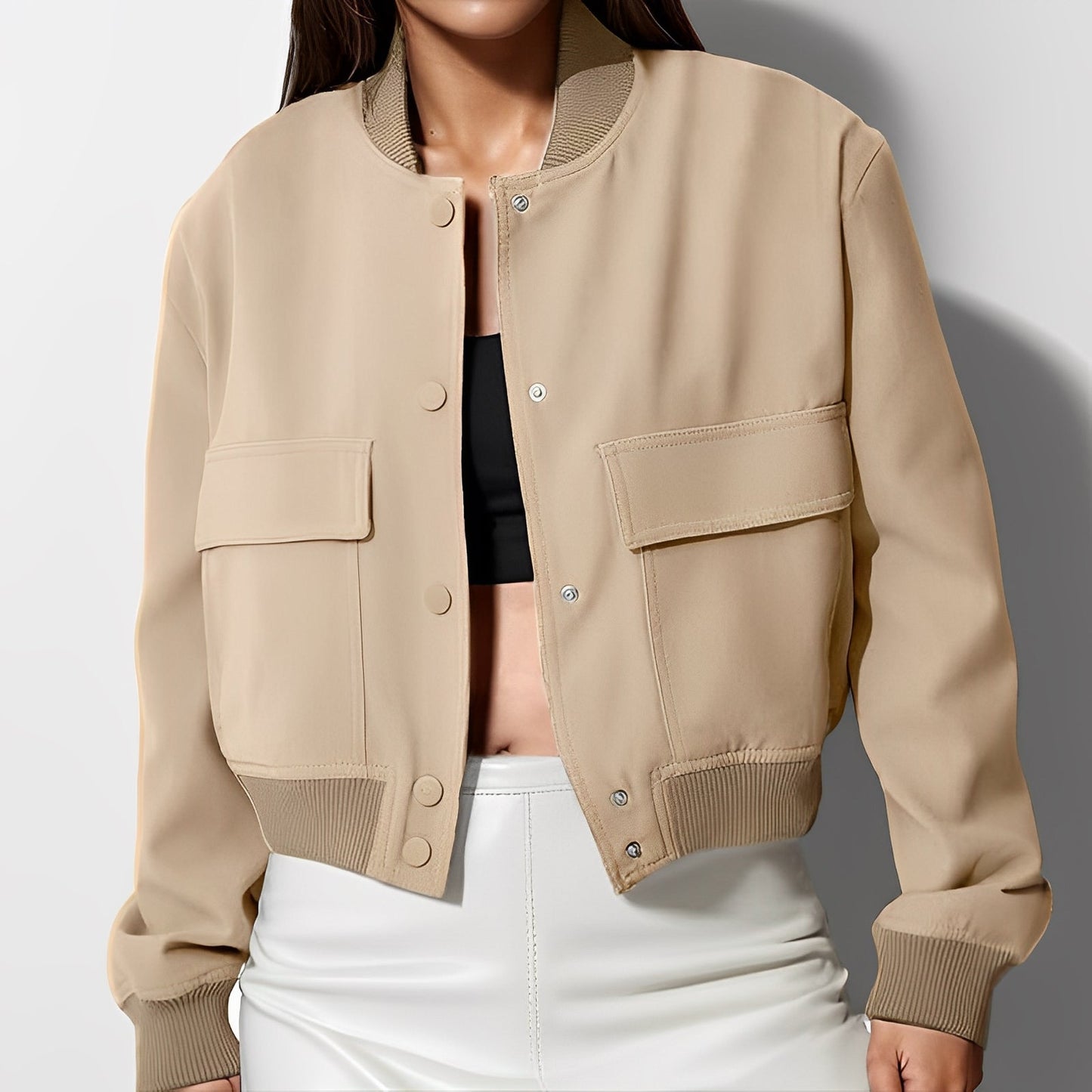 Women - Stand-Up Collar Jacket - Functional Pockets - Stylish Versatile Outerwear for Any Occasion