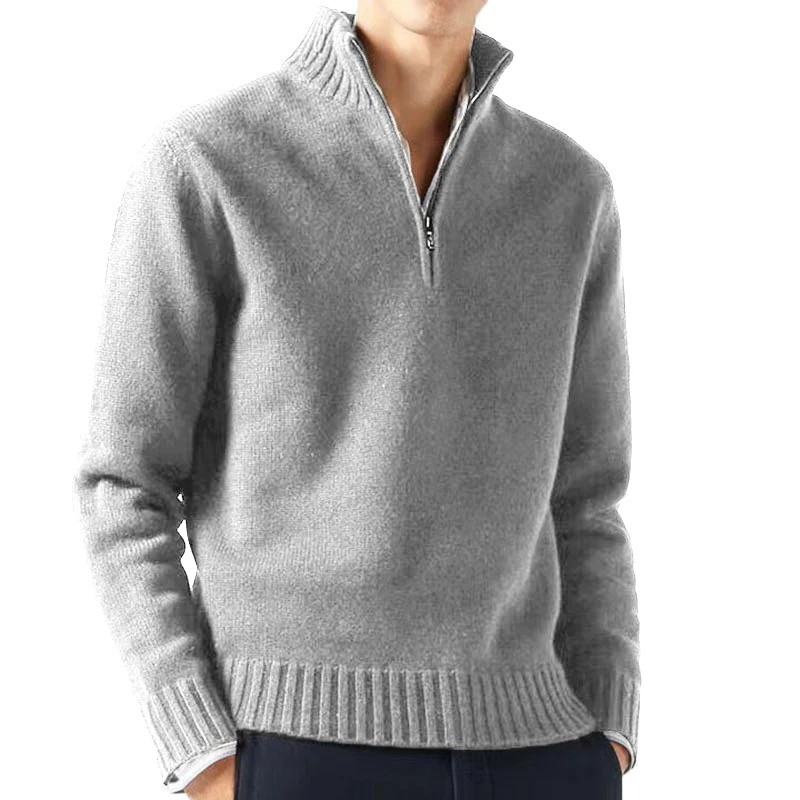 Warm knitted pullover with zip and stand-up collar