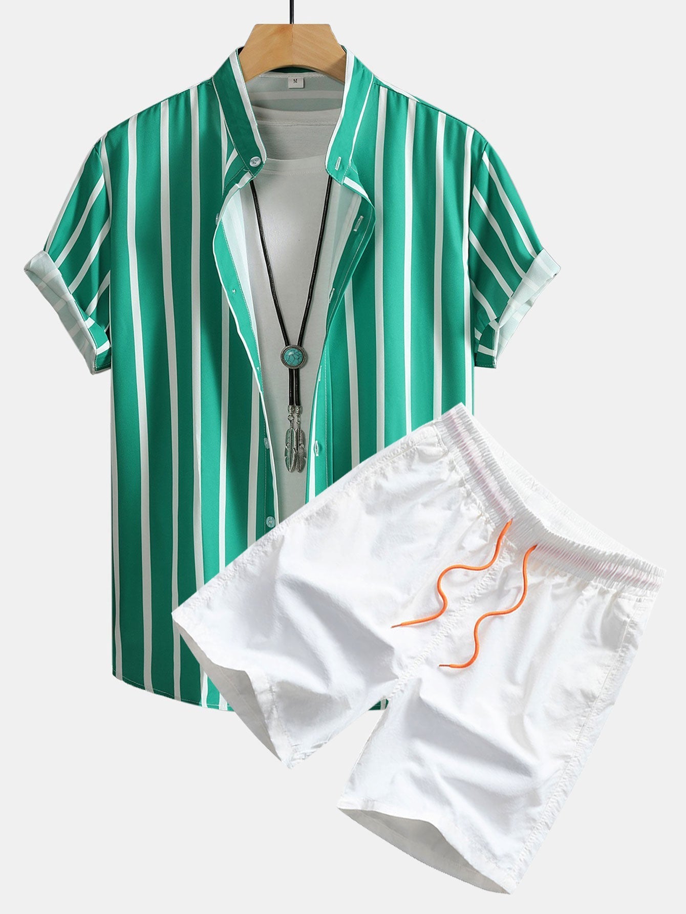 Striped Button Up Stand Collar Shirt & Man Mid Length Drawstring Swim Shorts