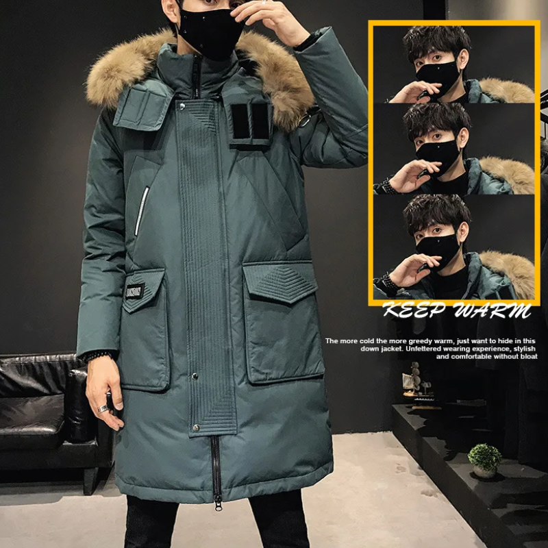 Men's parka winter jacket with fur hood and long sleeves