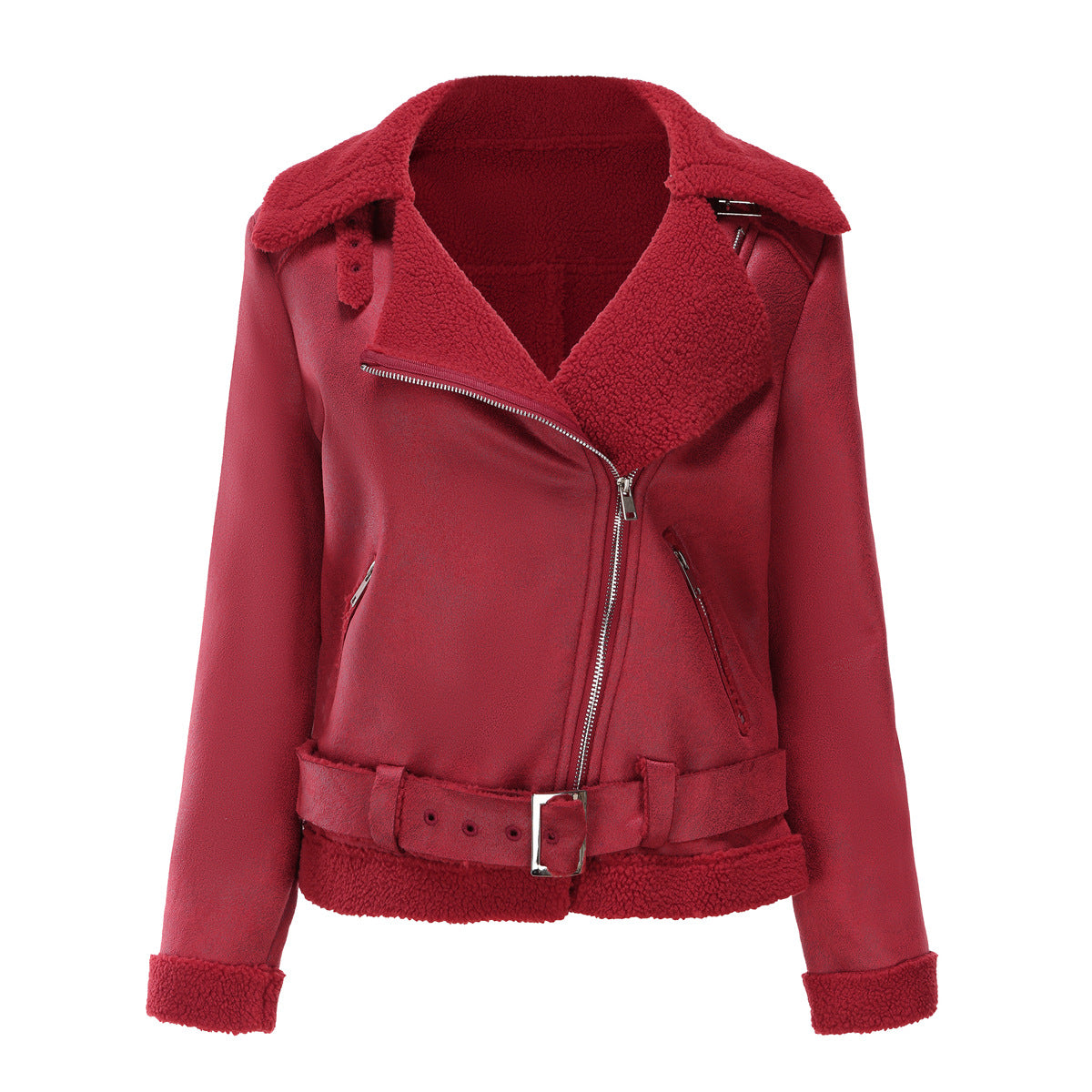 Women - Winter Jacket - Faux Suede with Fur & Belt - Stylish Warm Cold Weather Outerwear