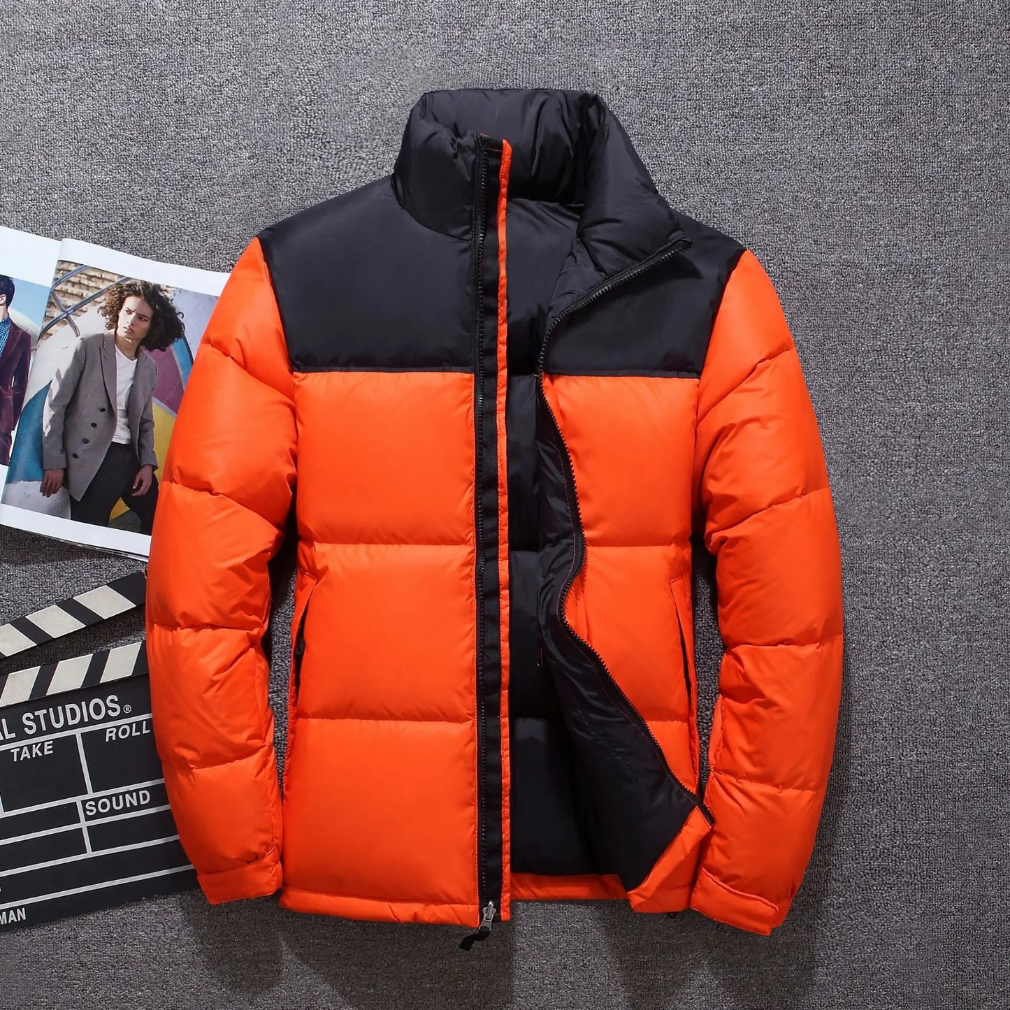 Men's puffer jacket with high collar and full-length zip