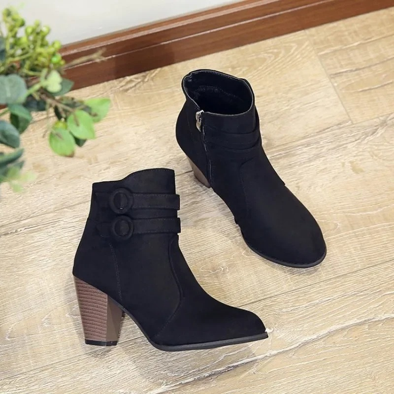 Women's Ankle Boots with Buckle Straps and Zip - Women's Ankle Boots