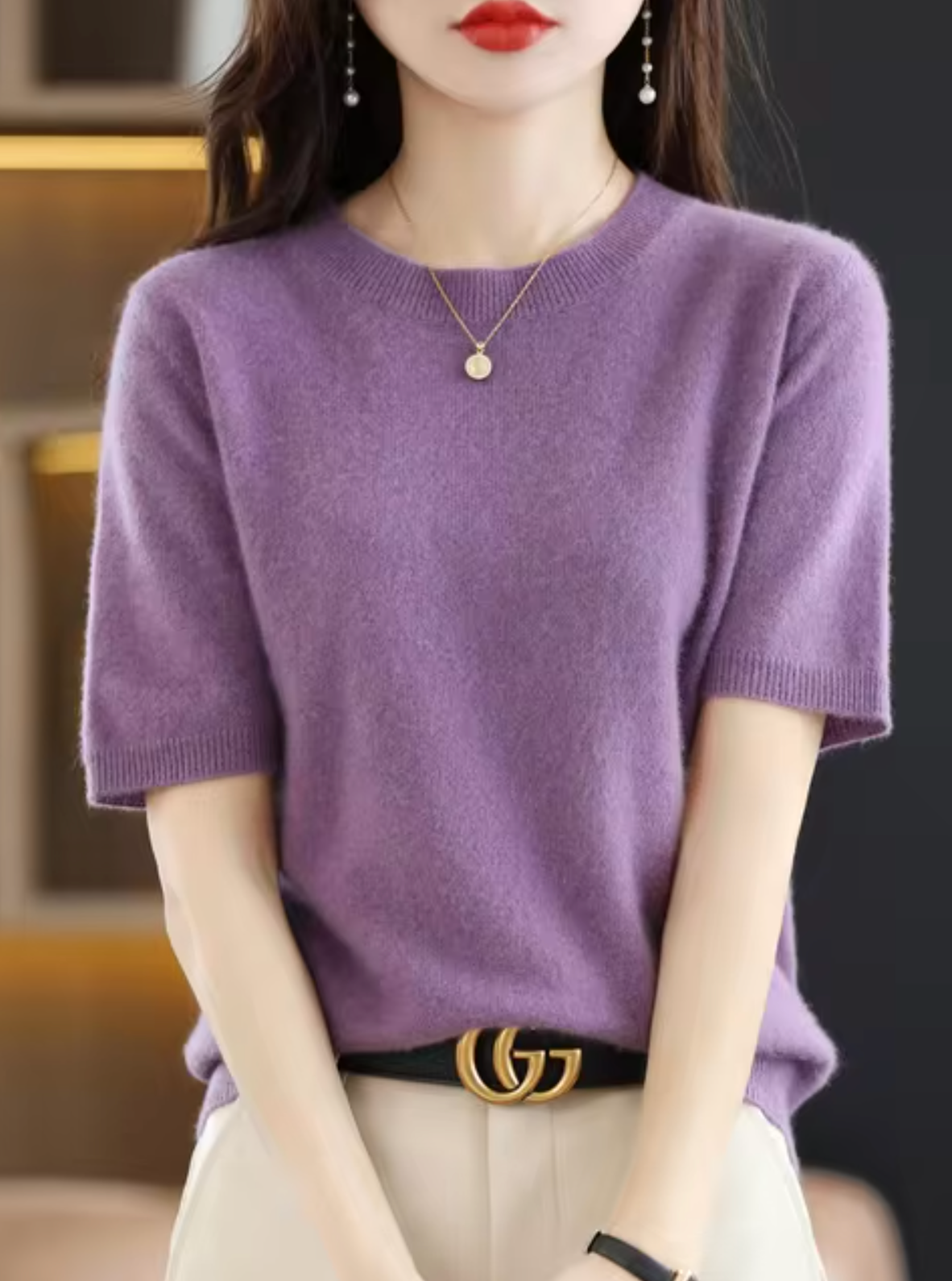 Short-sleeved wool and cashmere jumper