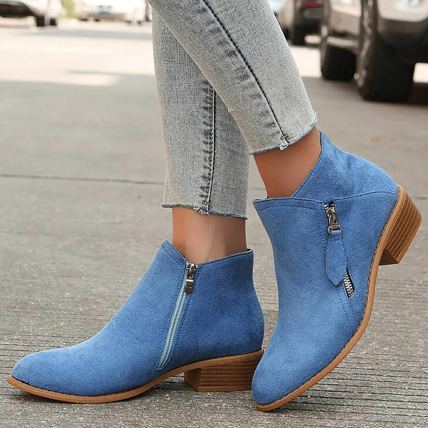 Women's Suede Ankle Boots with Zipper and Low Heel