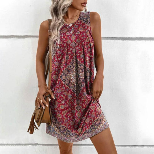 Sleeveless mini dress in ethnic style