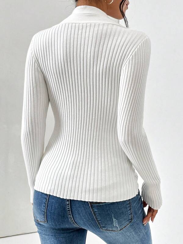 Women - Jumper - Ribbed Knit - White Casual Sweater