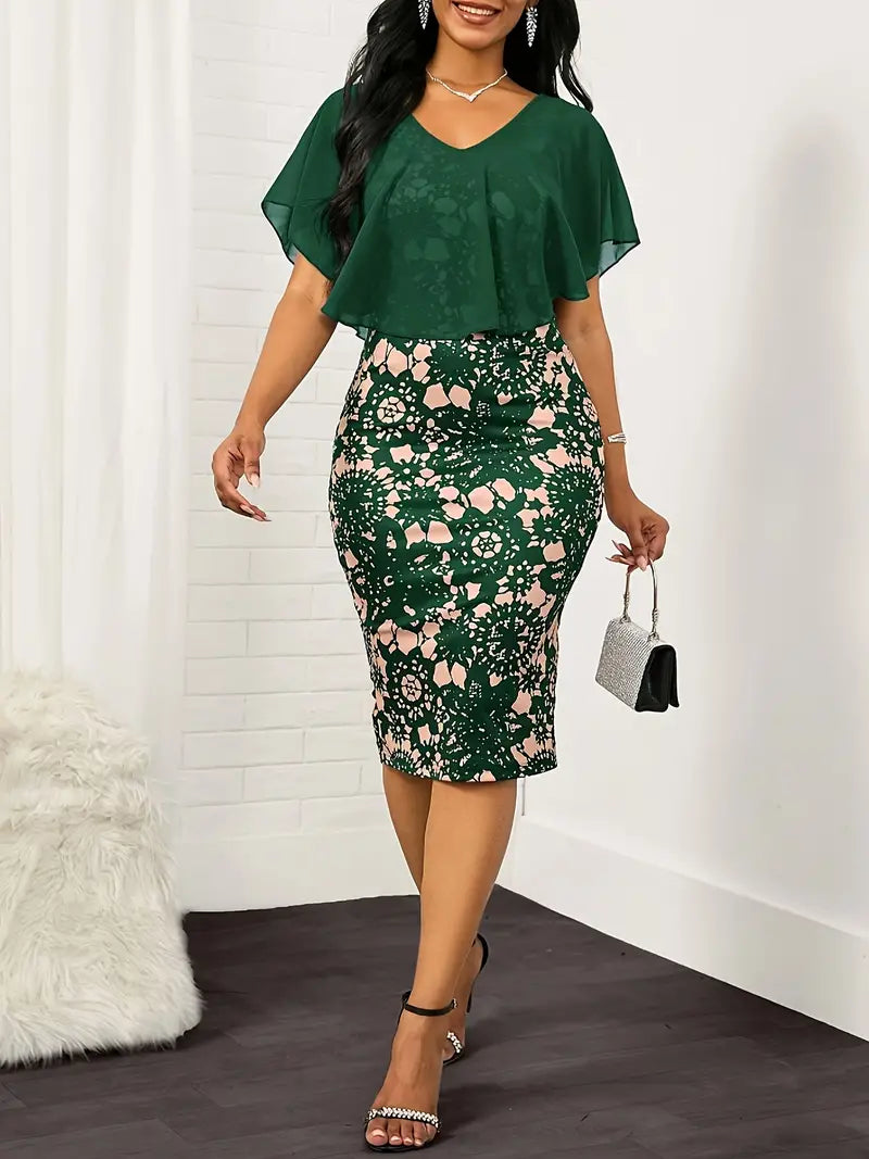 Elegant, Close-Fitting Mesh Dress With Floral Print and Cape Sleeves