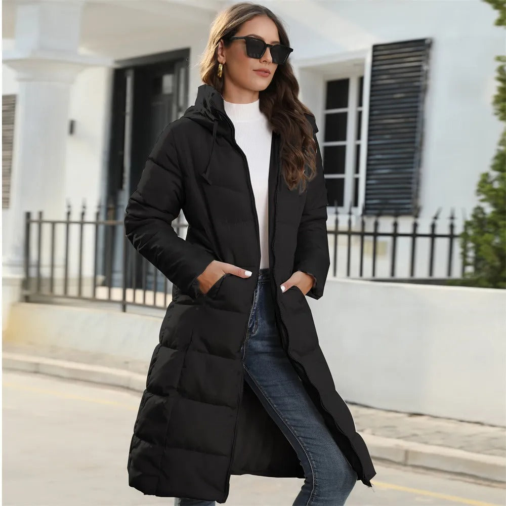 Women - Long Jacket - Hooded with Quilted Lining - Stylish Warm Outerwear for Cold Weather